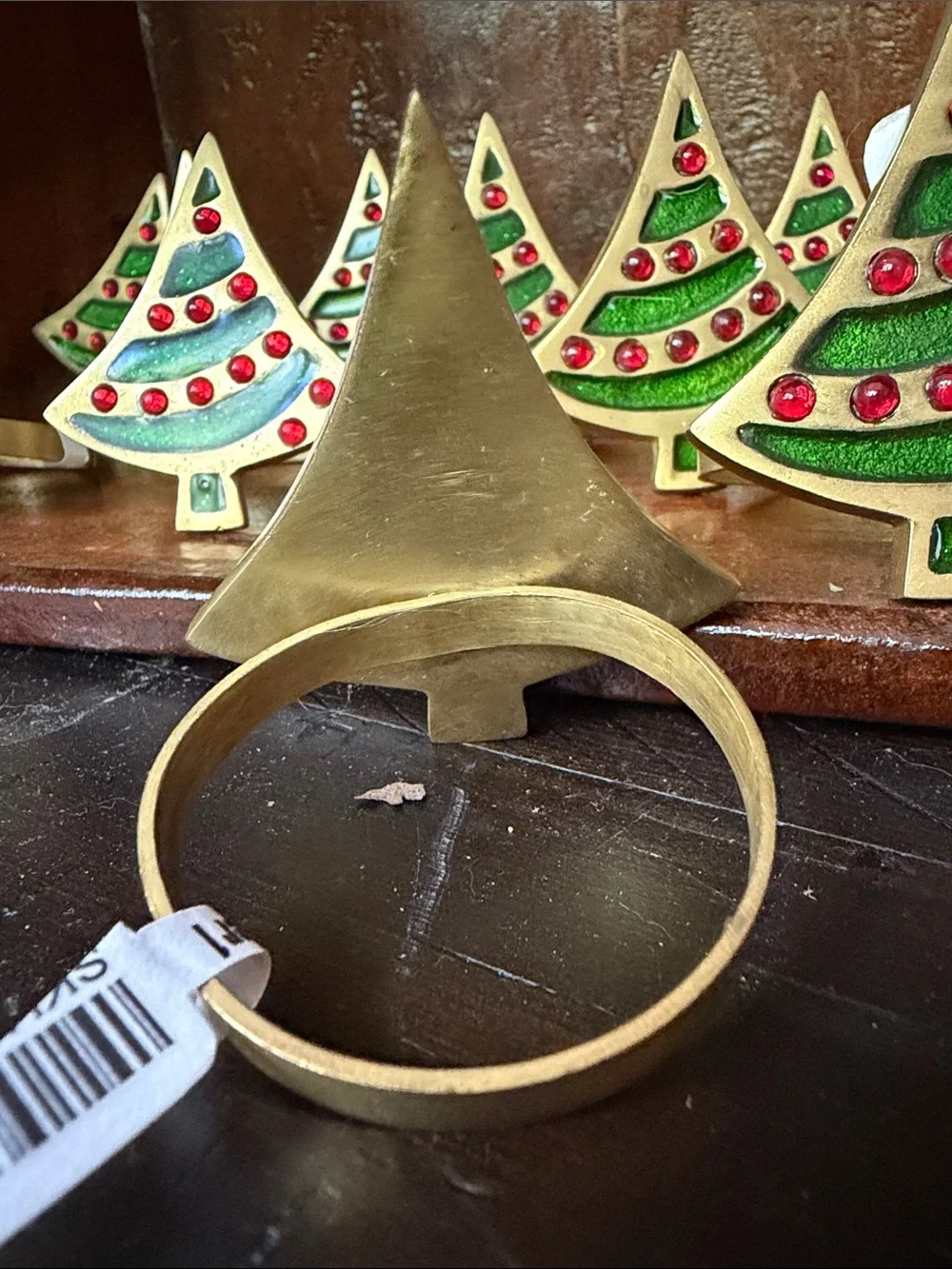 Vintage Holiday Green & Red Brass Enamel Christmas Tree Pier 1 Napkin Holders 12